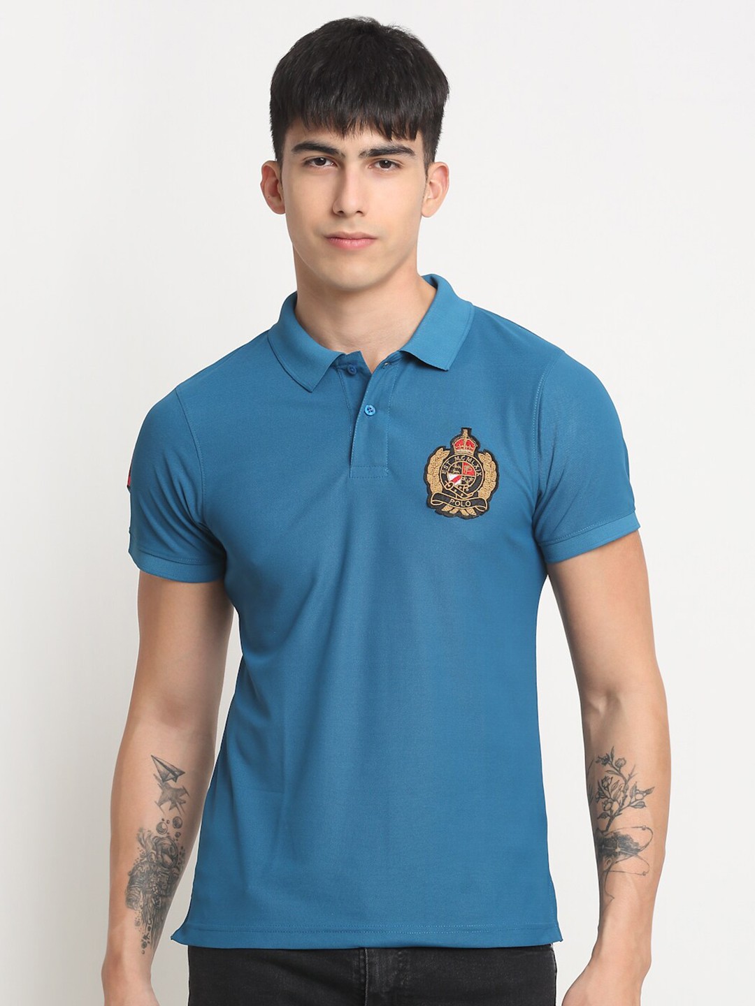 

FRENCH FLEXIOUS Polo Collar Regular-Fit Knitted Cotton T-shirt, Teal