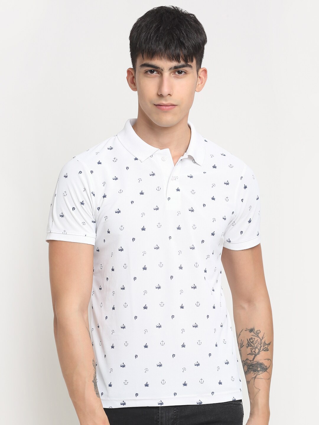 

FRENCH FLEXIOUS Polo Collar Micro Ditsy Printed Regular-Fit Knitted Cotton T-shirt, White