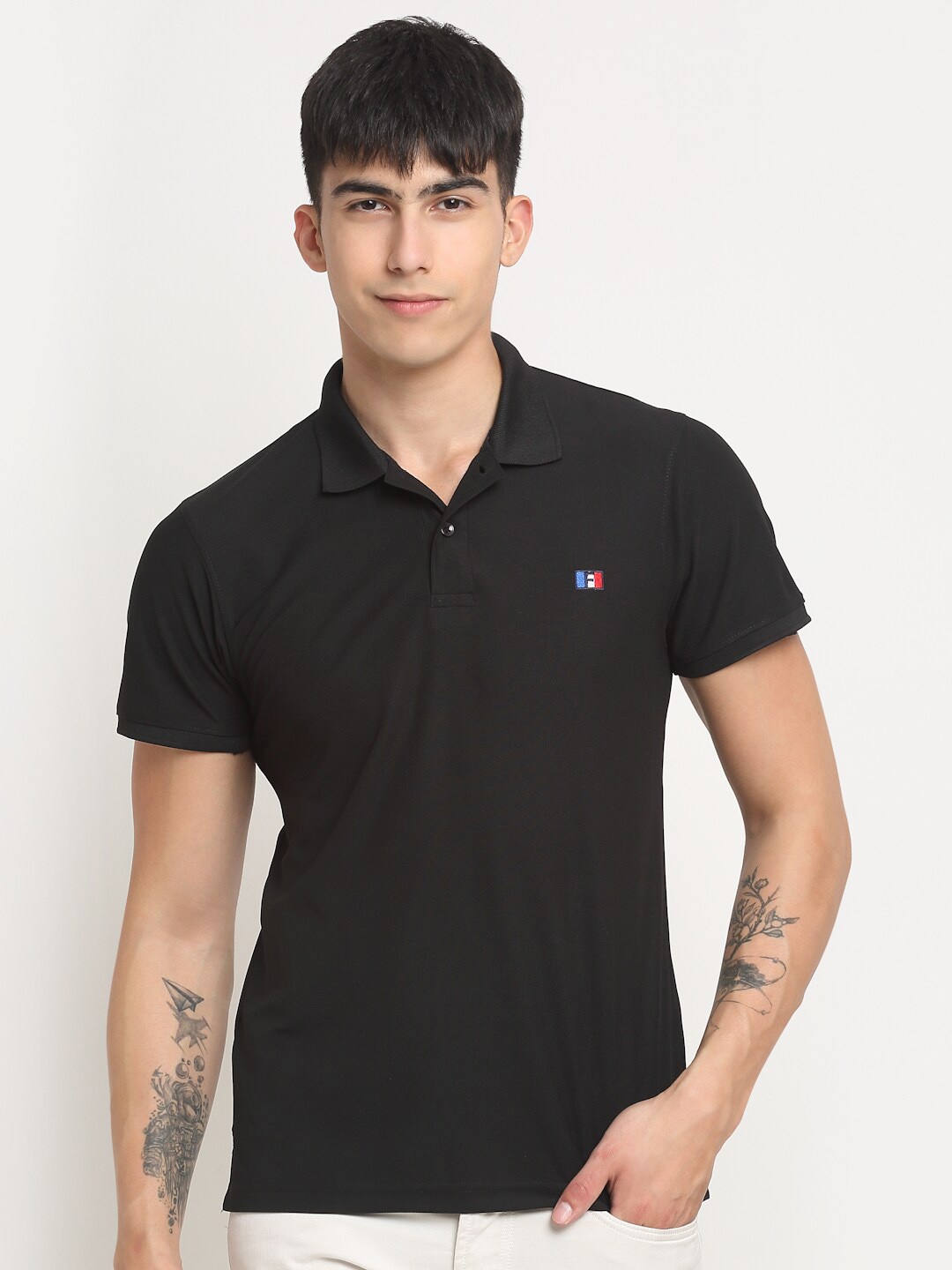 

FRENCH FLEXIOUS Polo Collar Knitted Regular-Fit Cotton T-shirt, Black