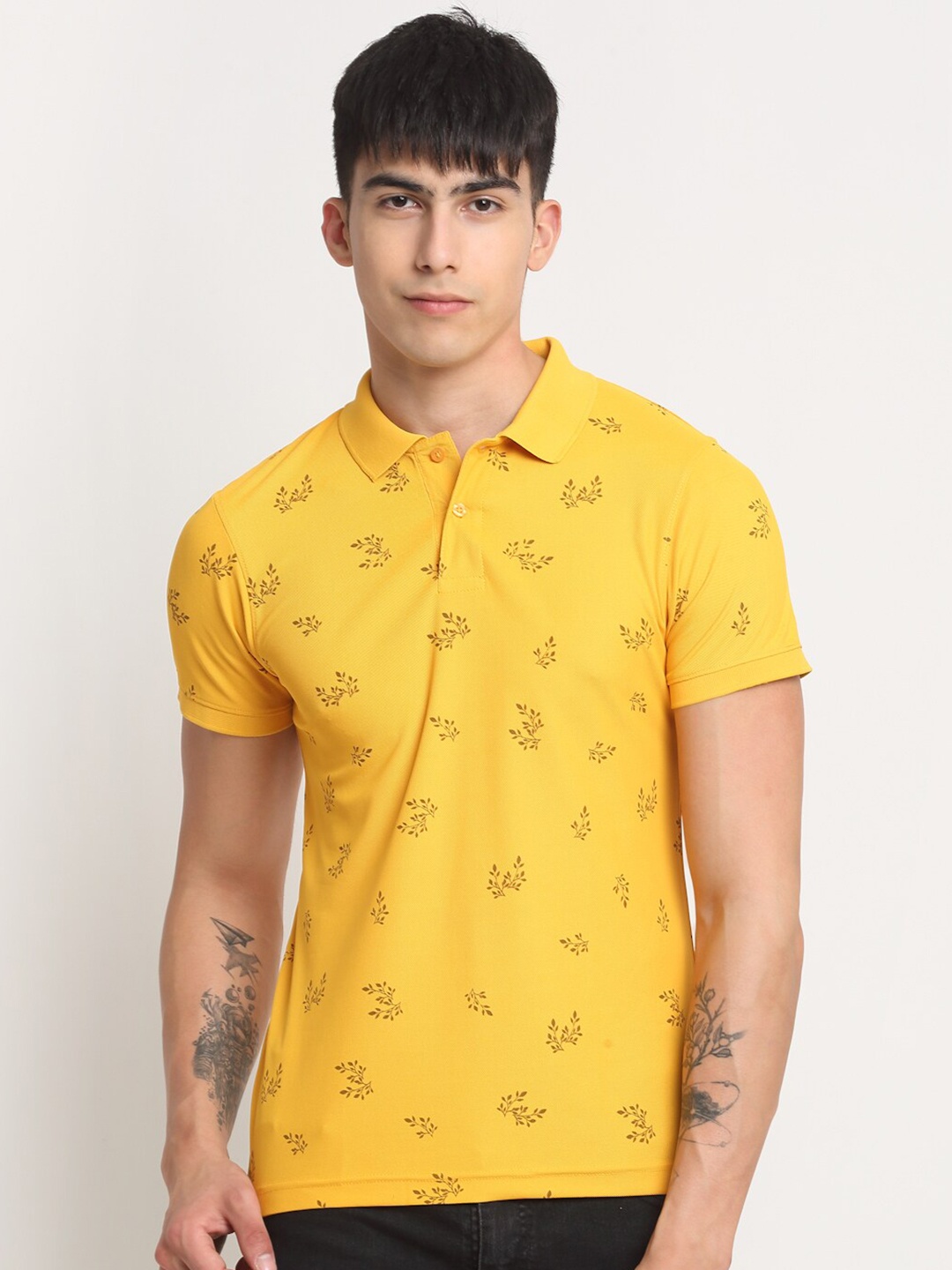 

FRENCH FLEXIOUS Floral Printed Polo Collar T-shirt, Mustard