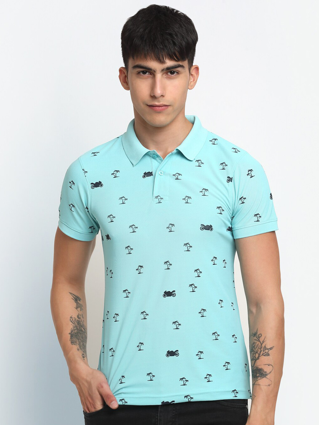 

FRENCH FLEXIOUS Polo Collar Tropical Printed Regular-Fit Knitted Cotton T-shirt, Turquoise blue