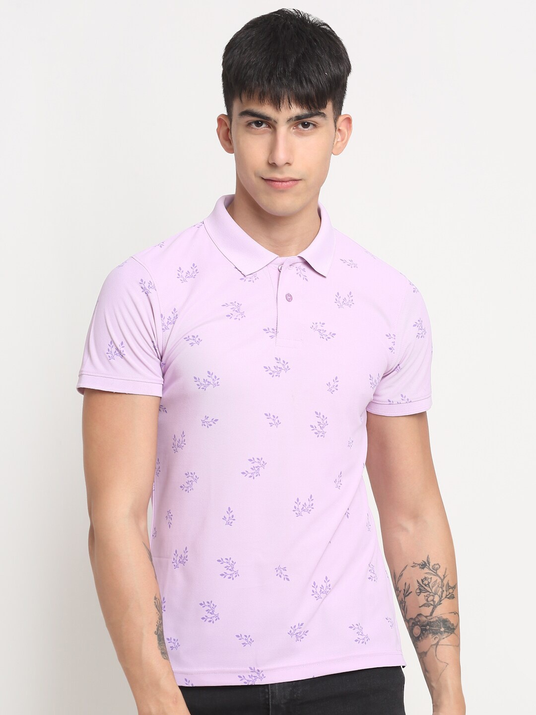 

FRENCH FLEXIOUS Floral Printed Polo Collar Cotton T-shirt, Lavender