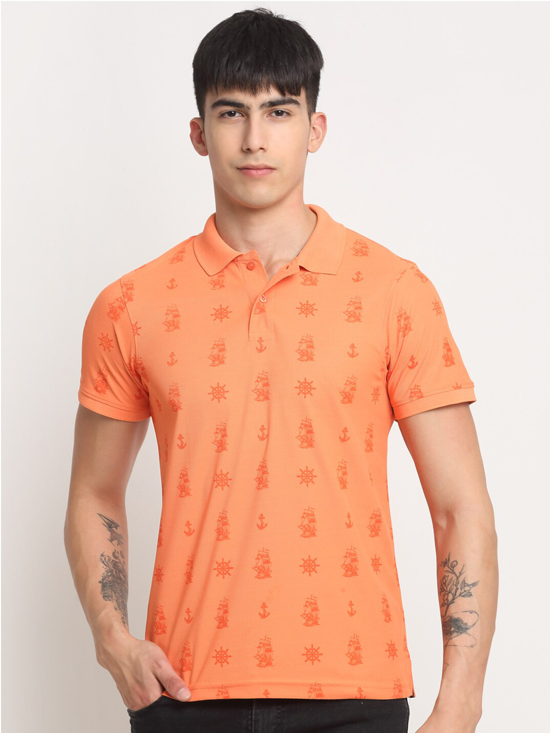 

FRENCH FLEXIOUS Geometric Printed Polo Collar Knitted Cotton T-shirt, Coral