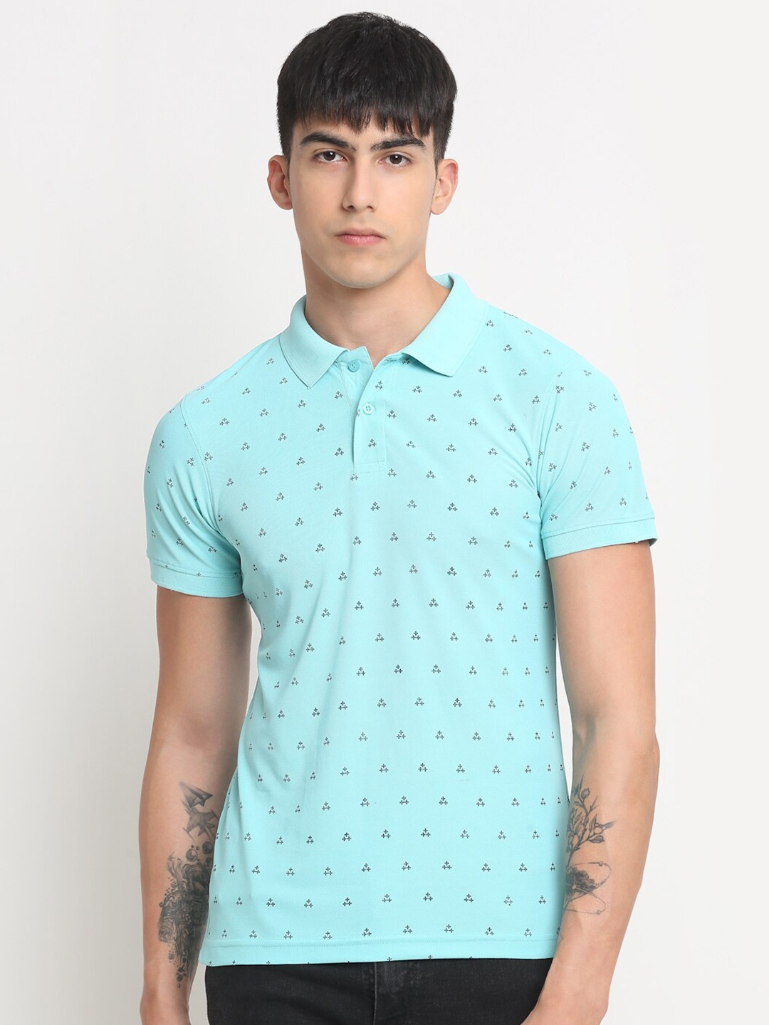 

FRENCH FLEXIOUS Plus Size Printed Polo Collar T-shirt, Turquoise blue