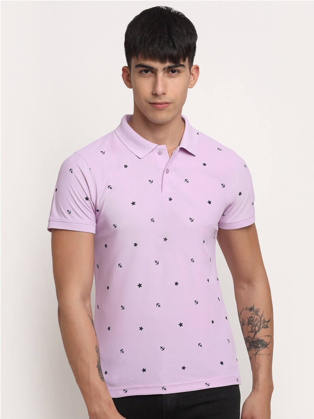 

FRENCH FLEXIOUS Geometric Printed Polo Collar Knitted Cotton T-shirt, Purple