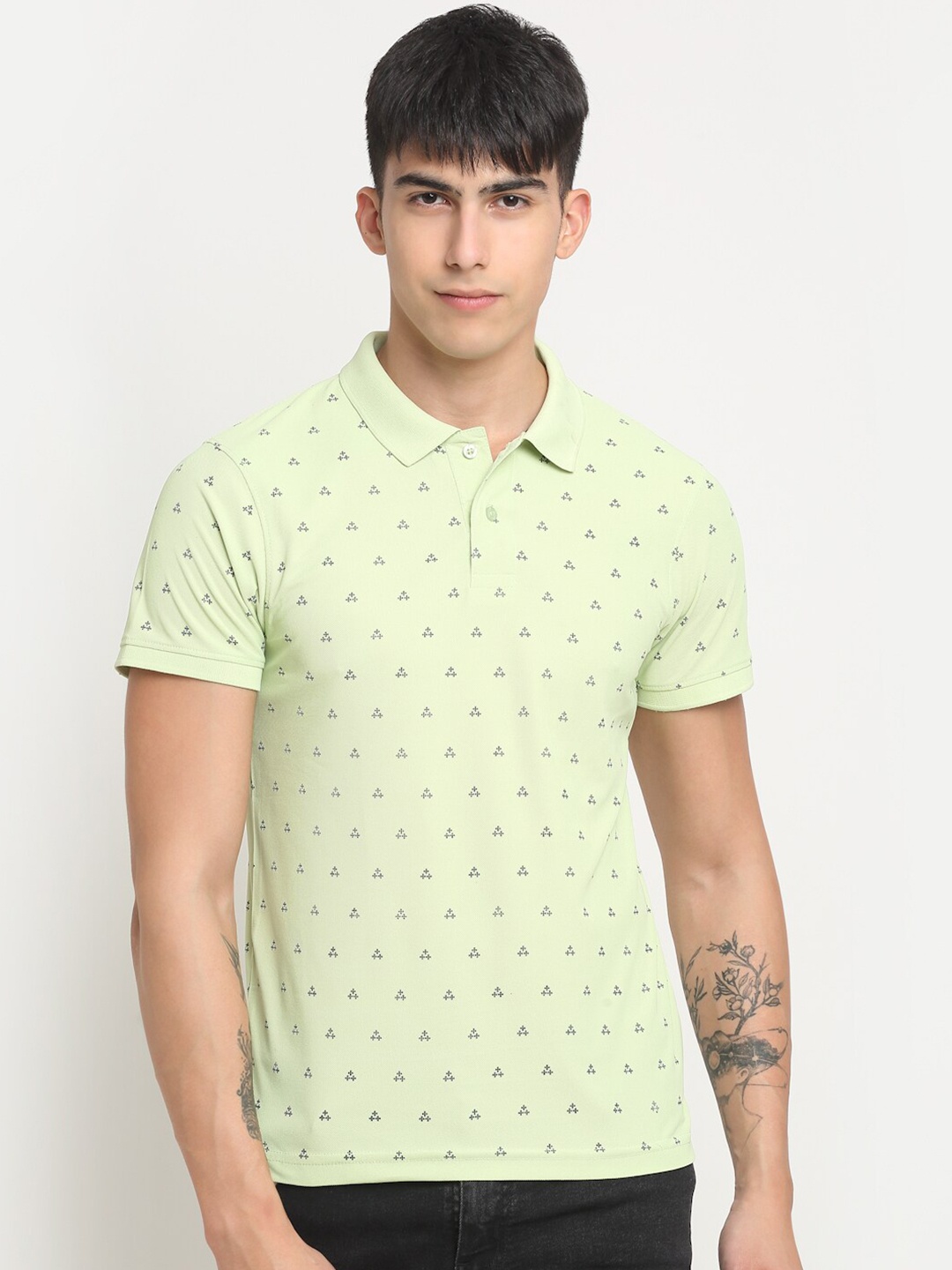 

FRENCH FLEXIOUS Geometric Printed Polo Collar Knitted Cotton T-shirt, Green