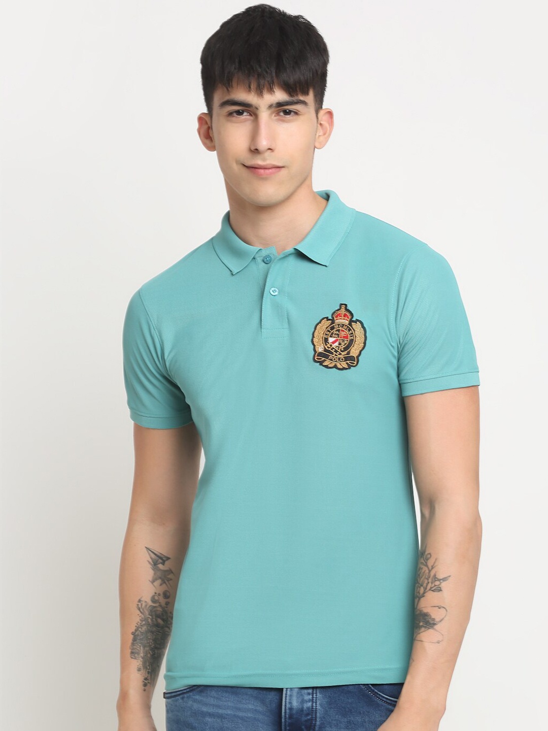 

FRENCH FLEXIOUS Polo Collar Regular-Fit Knitted Cotton T-shirt, Turquoise blue