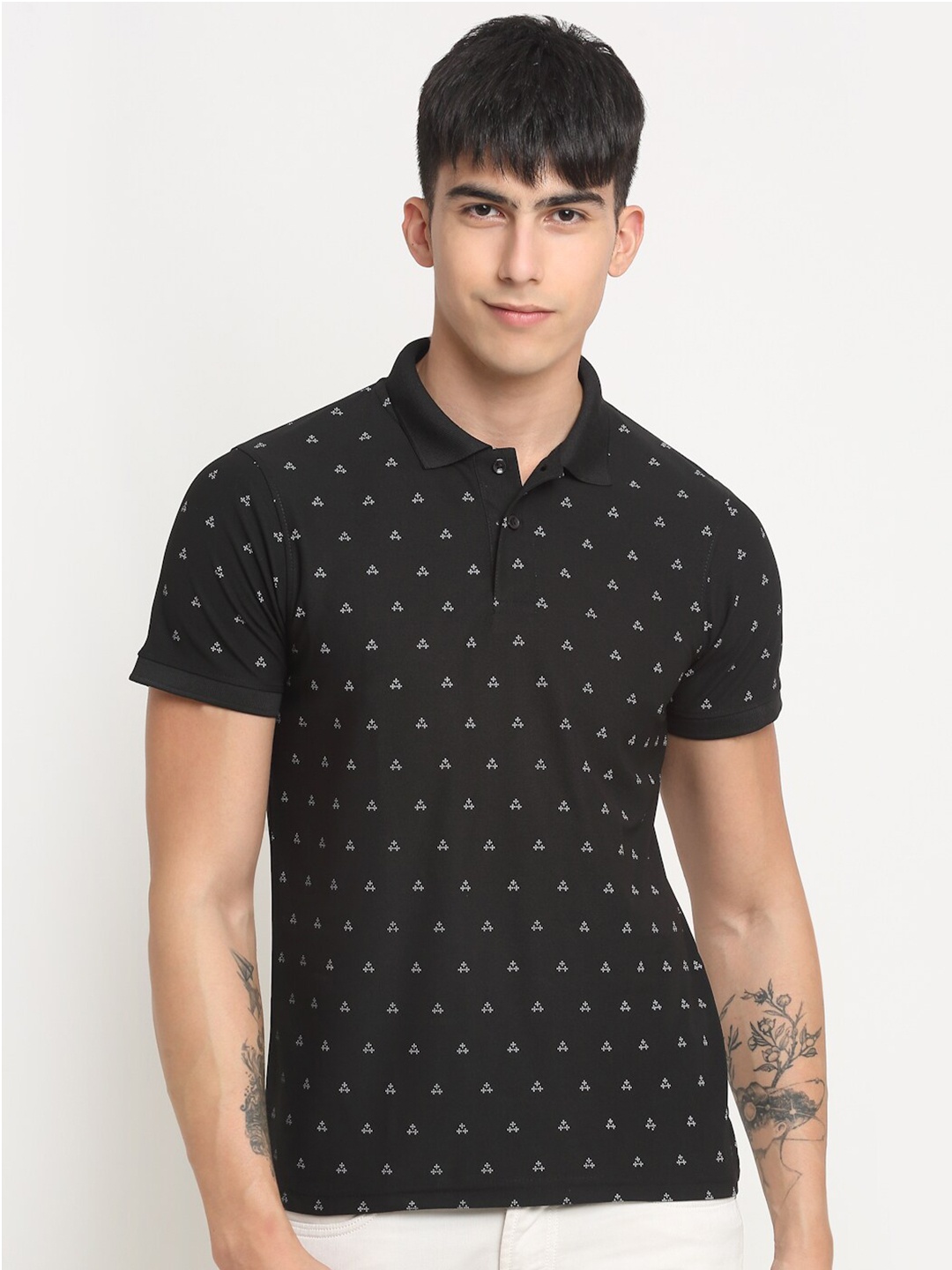 

FRENCH FLEXIOUS Printed Polo Collar T-shirt, Black