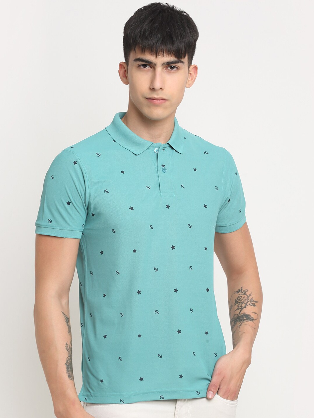 

FRENCH FLEXIOUS Plus Size Printed Polo Collar T-shirt, Turquoise blue