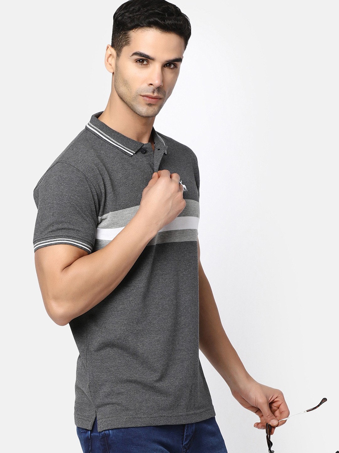 

V-Mart Polo Collar Striped Cotton T-shirt, Grey