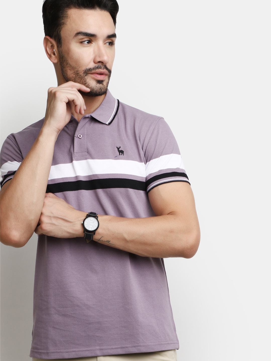 

V-Mart Striped Polo Collar Cotton T-shirt, Purple