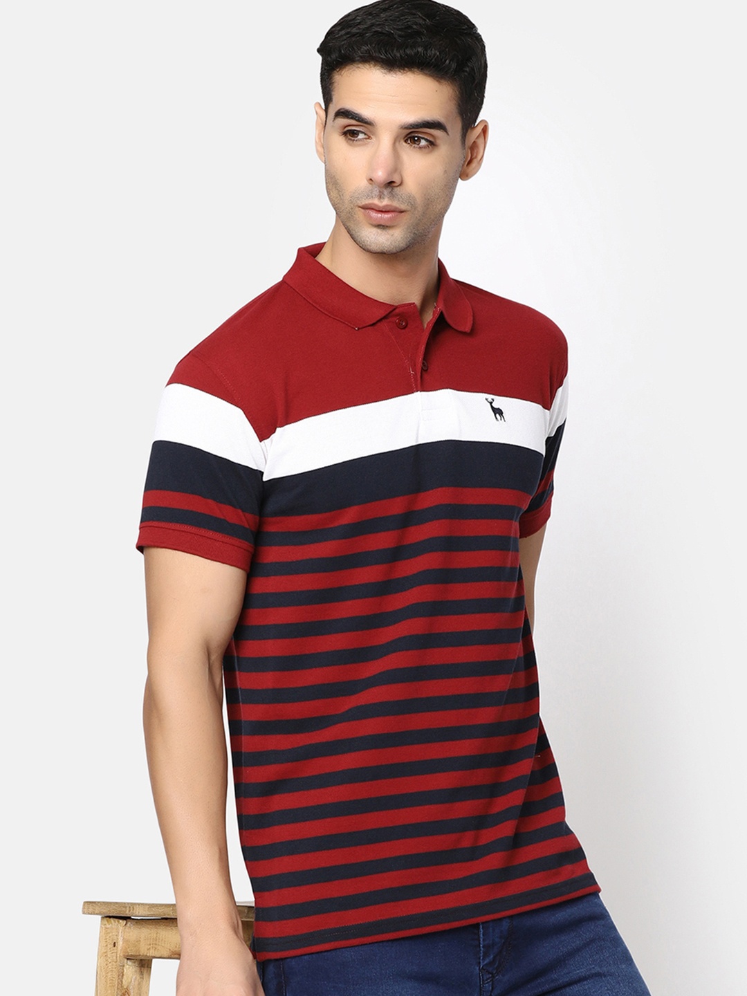 

V-Mart Striped Polo Collar Cotton T-shirt, Maroon