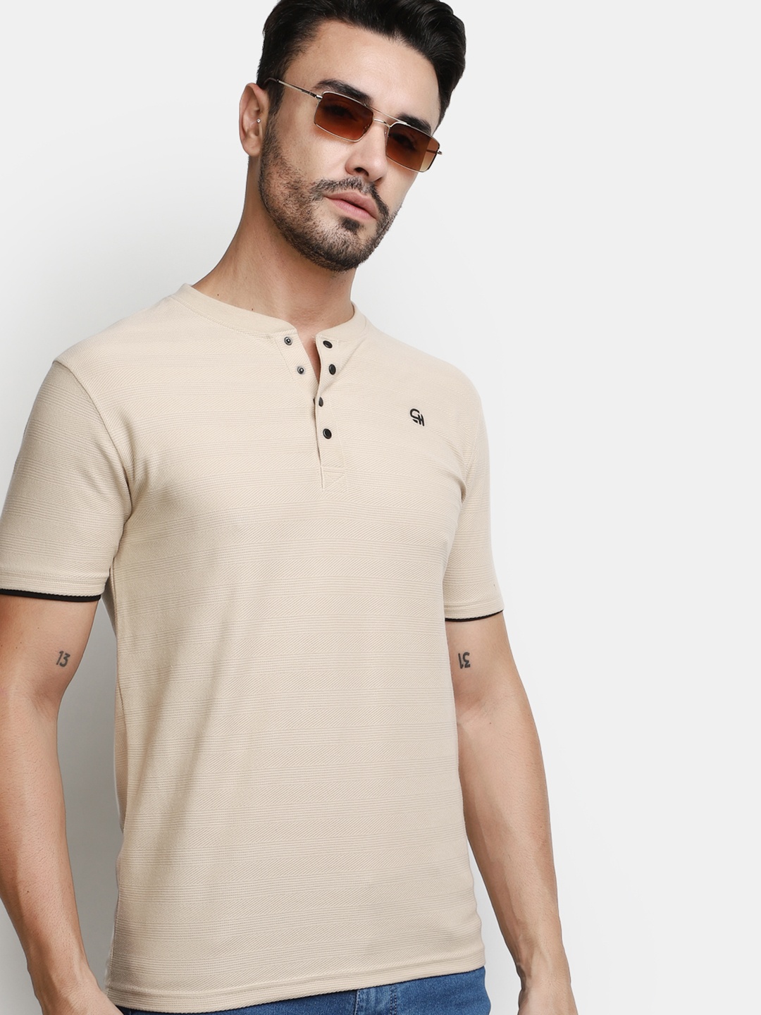 

V-Mart Henley Neck Cotton Casual T-shirt, Khaki