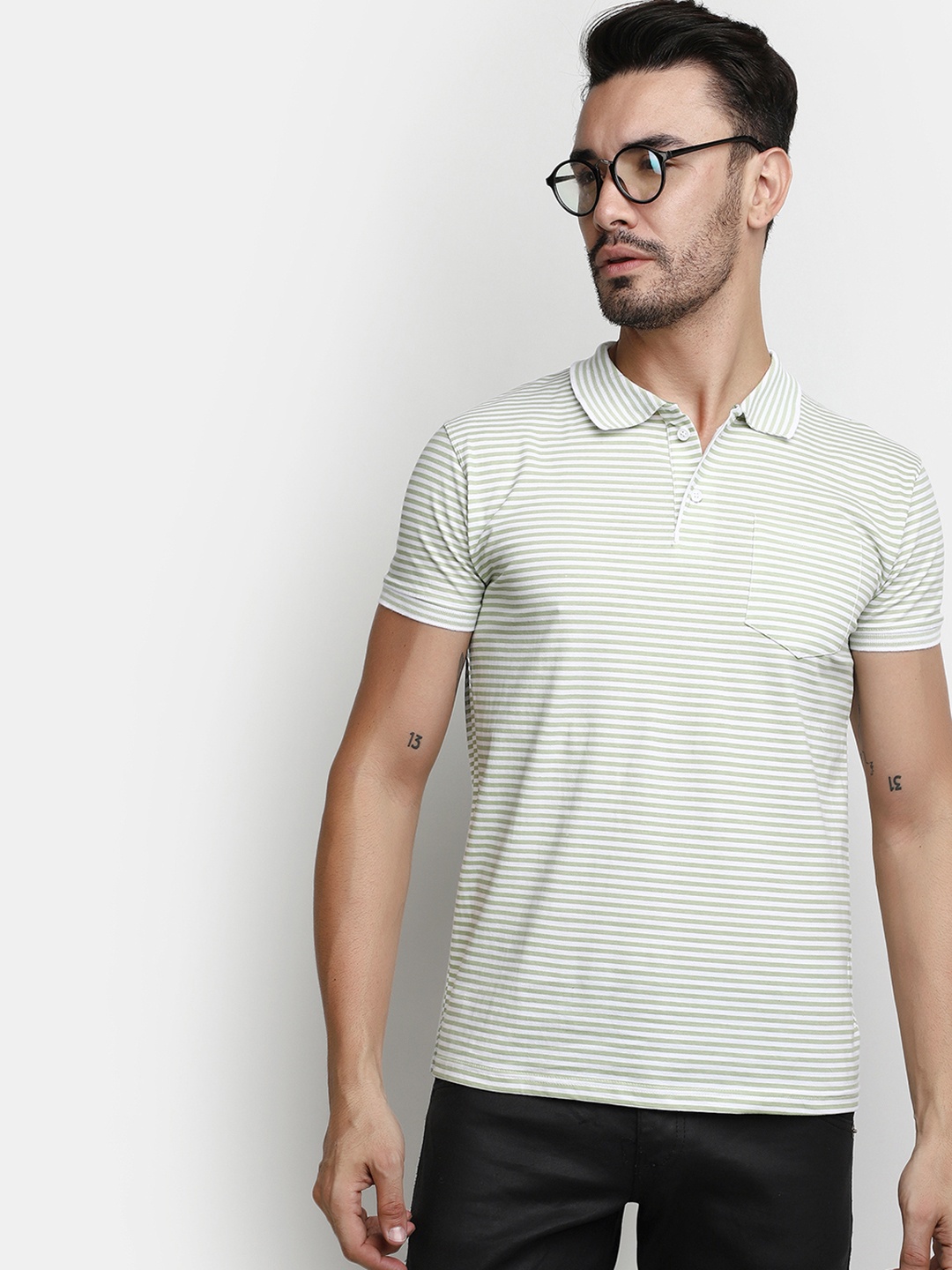 

V-Mart Striped Polo Collar Cotton T-shirt, Green