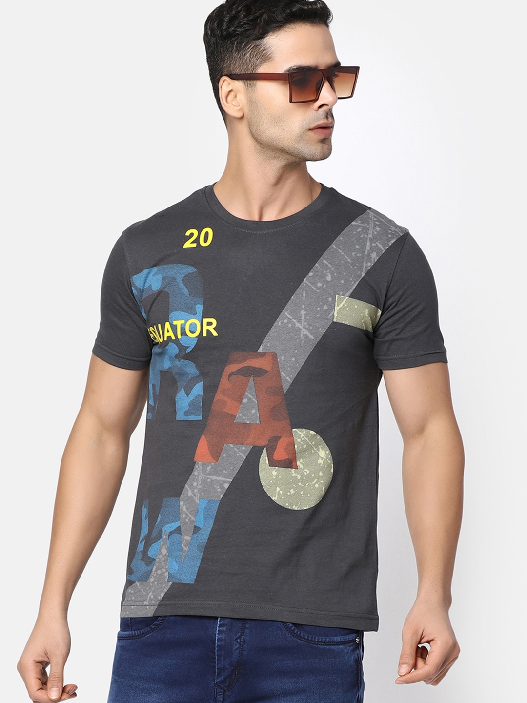 V-Mart Typography Printed Cotton Slim Fit T-shirt, Charcoal