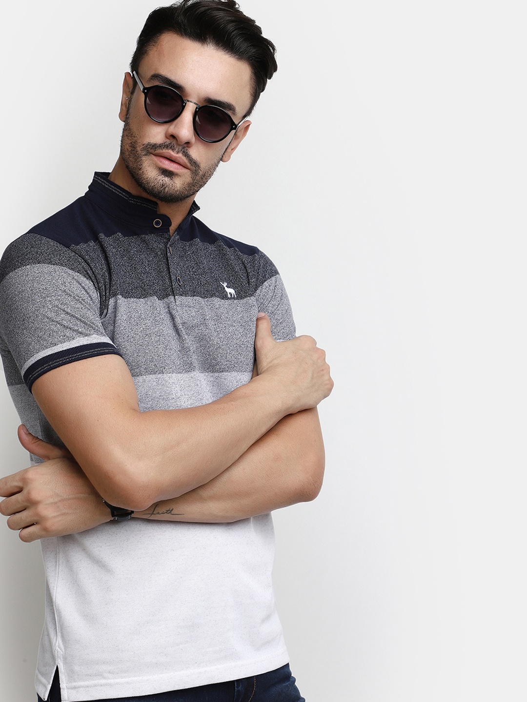 

V-Mart Striped Henley Collar T-shirt, Blue