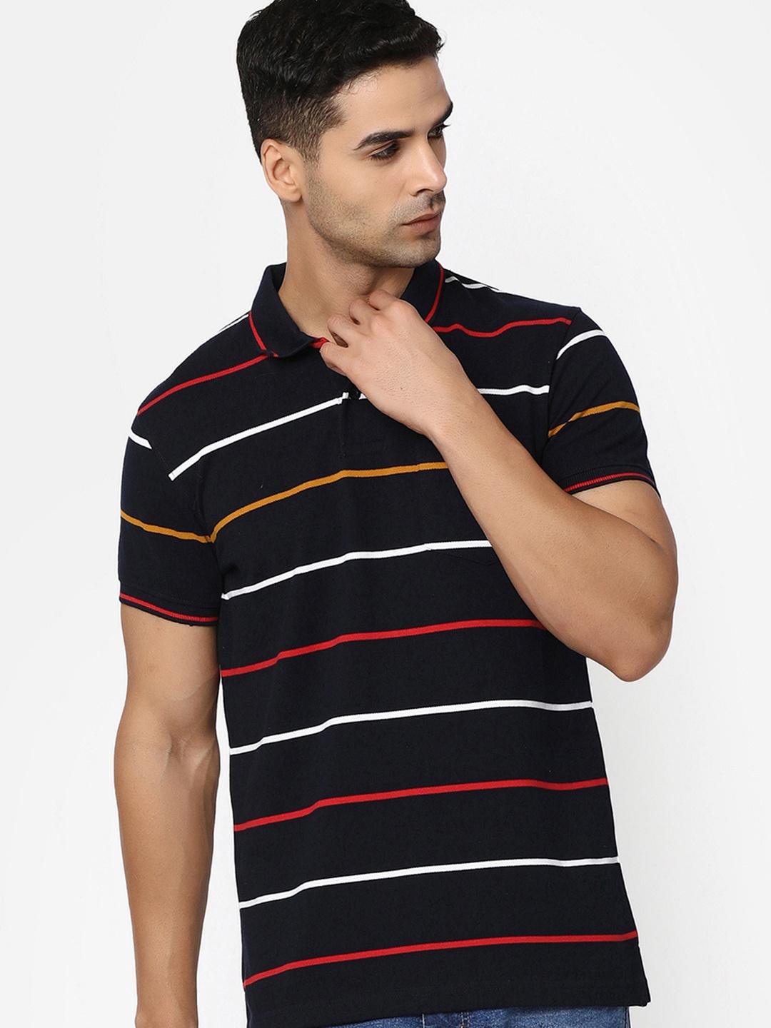 

V-Mart Striped Cotton Polo Collar T-shirt, Navy blue