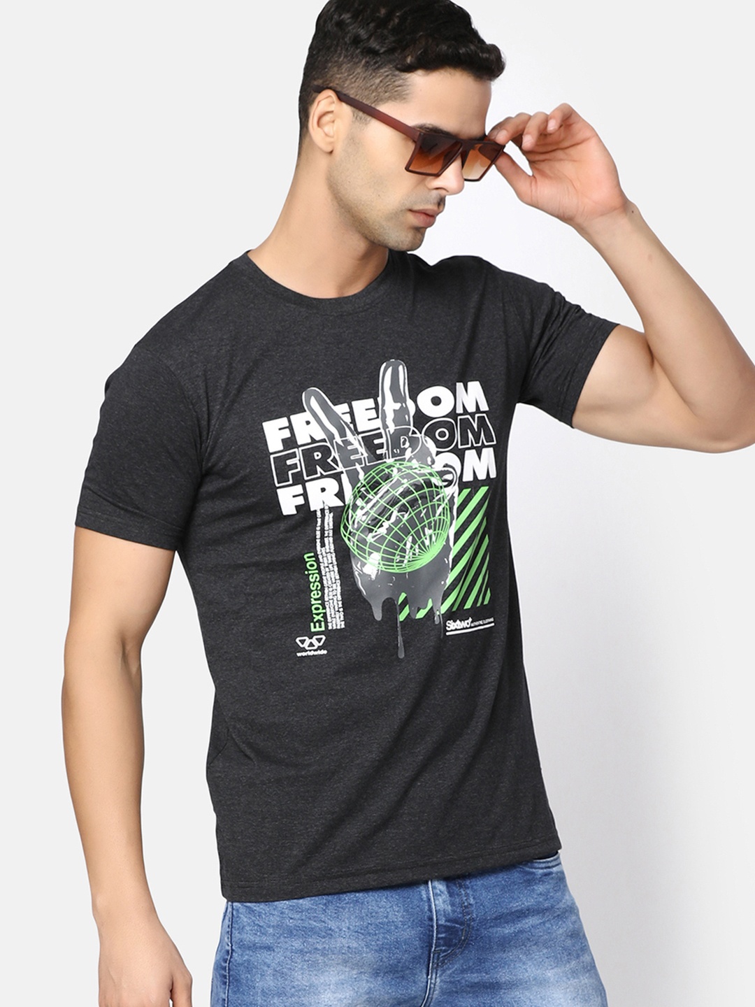 

V-Mart Typography Printed Cotton Slim Fit T-shirt, Charcoal