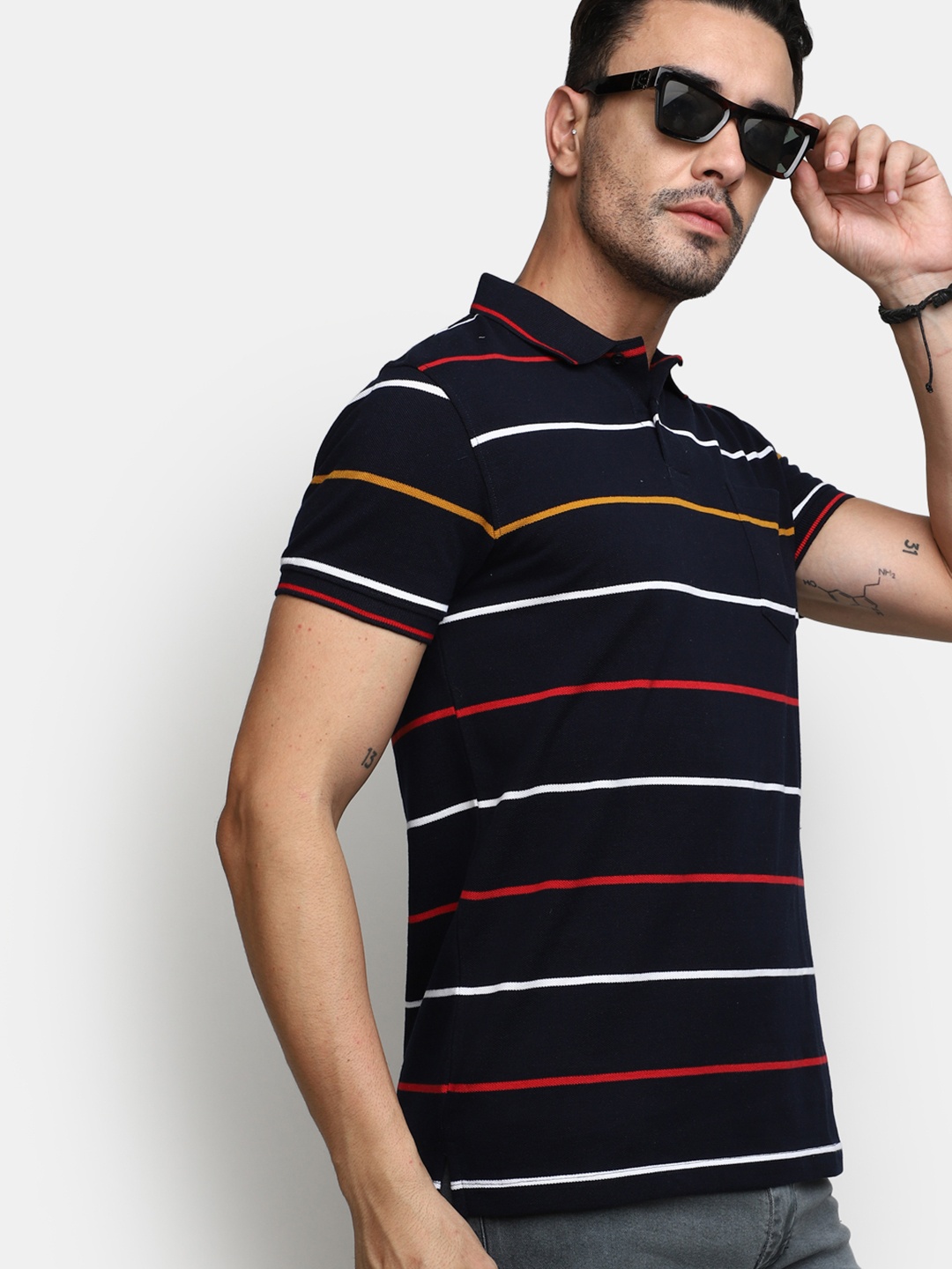 

V-Mart Striped Polo Collar Cotton T-shirt, Black