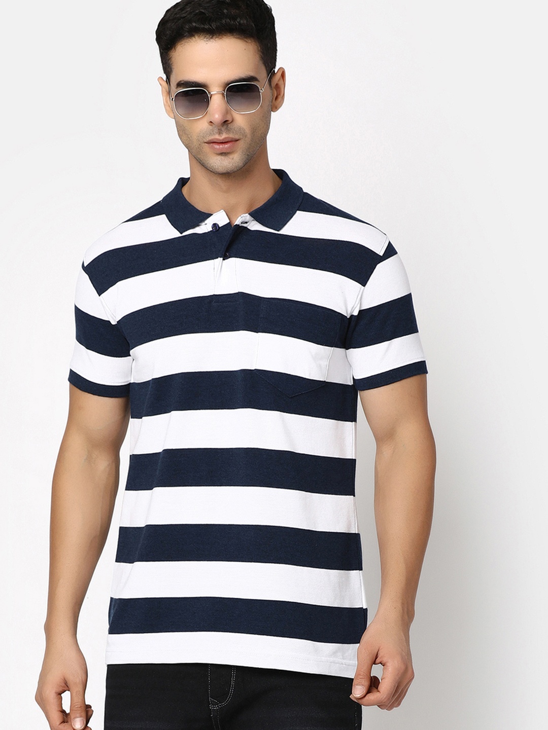 

V-Mart Men Striped Polo Collar T-shirt, Blue