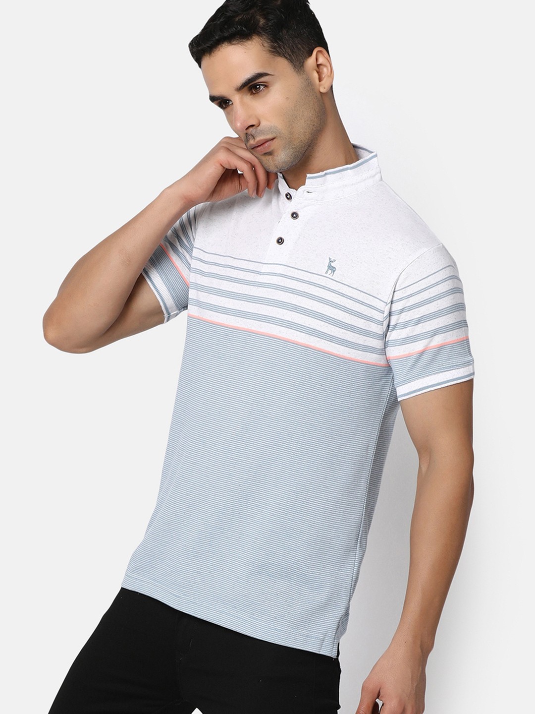 

V-Mart Striped Mandarin Collar Cotton T-shirt, Blue
