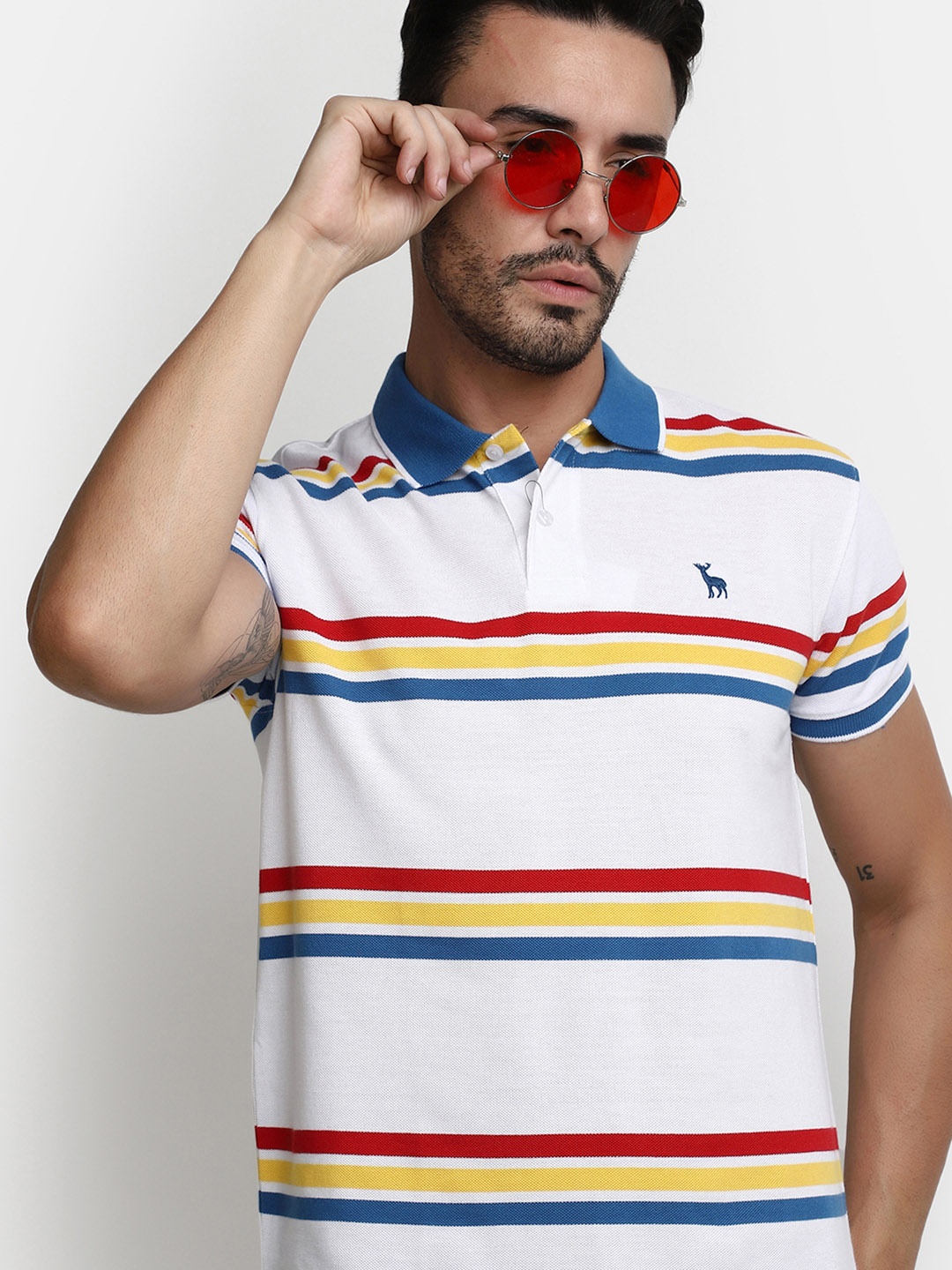 

V-Mart Striped Polo Collar Cotton T-shirt, White