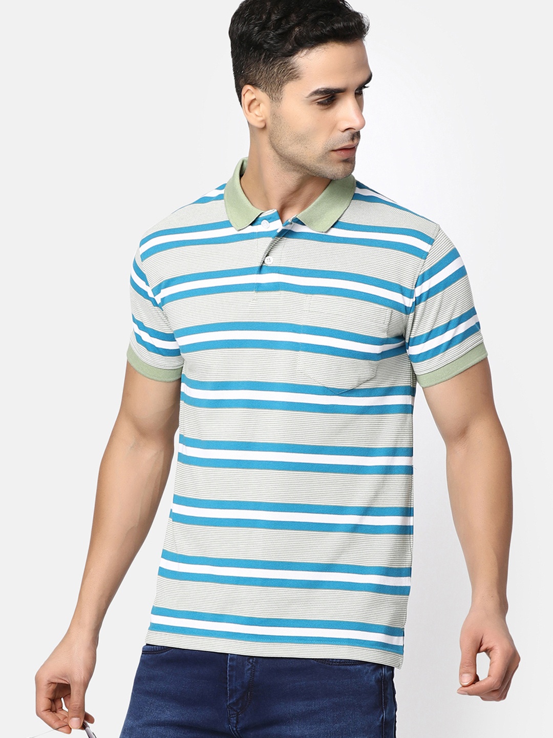 

V-Mart Striped Cotton Polo Collar Pockets T-shirt, Green