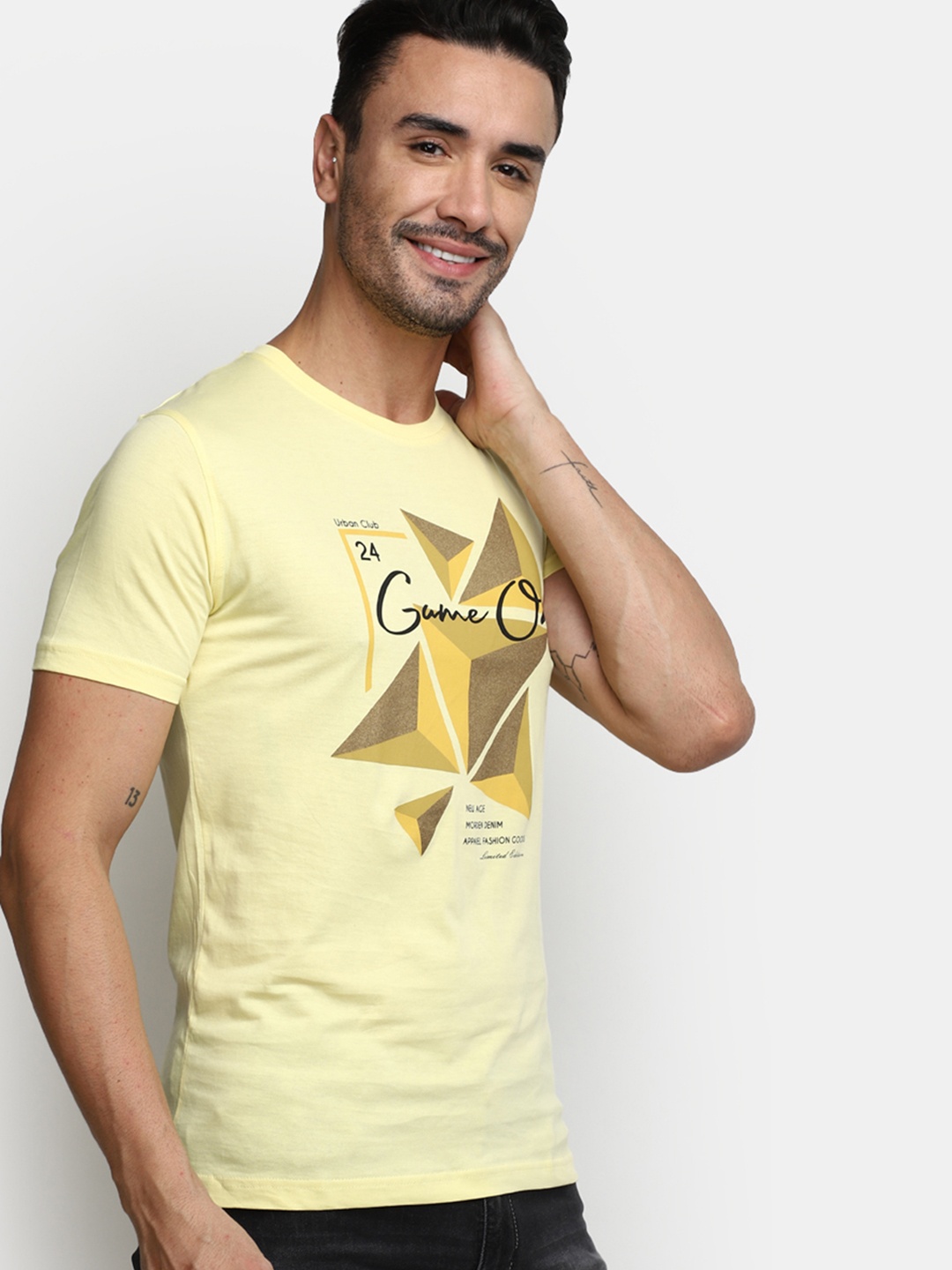 

V-Mart Typography Printed Slim Fit Cotton T-shirt, Yellow