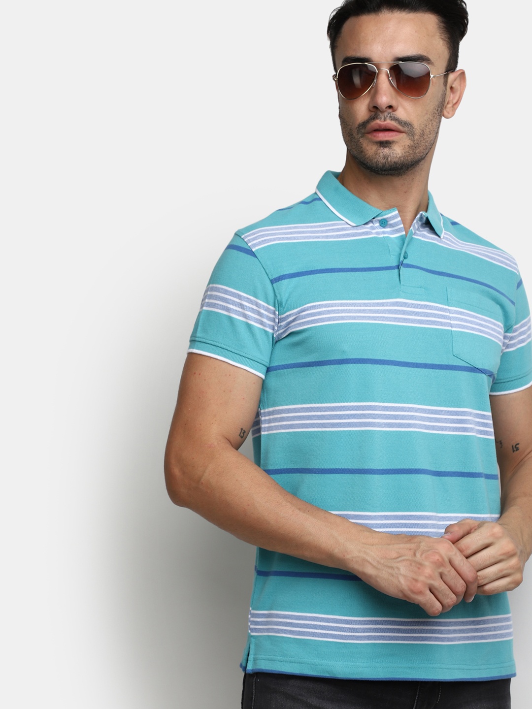 

V-Mart Striped Polo Collar Cotton T-Shirt, Blue