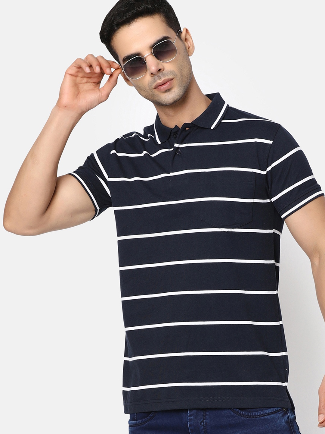 

V-Mart Striped Polo Collar Cotton T-Shirt, Navy blue