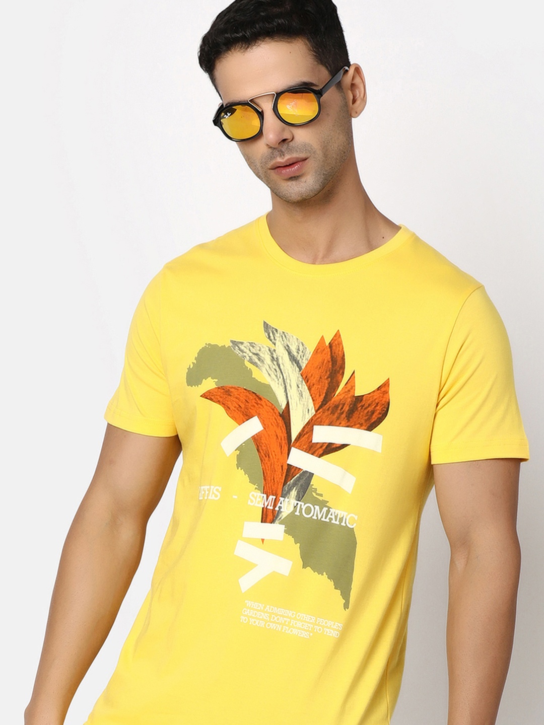 

V-Mart Graphic Printed Slim Fit Cotton T-shirt, Yellow