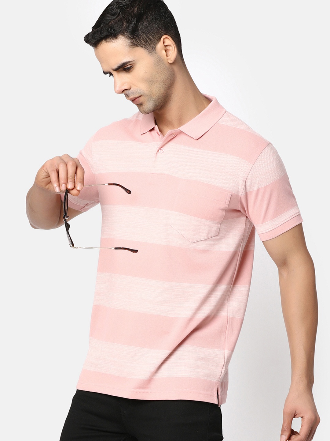 

V-Mart Striped Cotton Polo Collar Pockets T-shirt, Pink