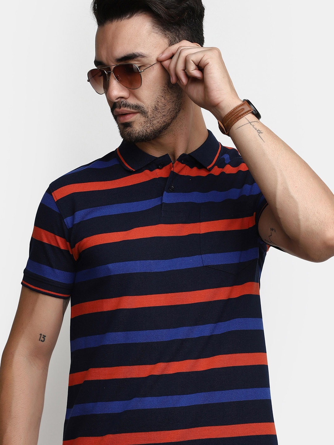 

V-Mart Striped Polo Collar Cotton T-shirt, Black