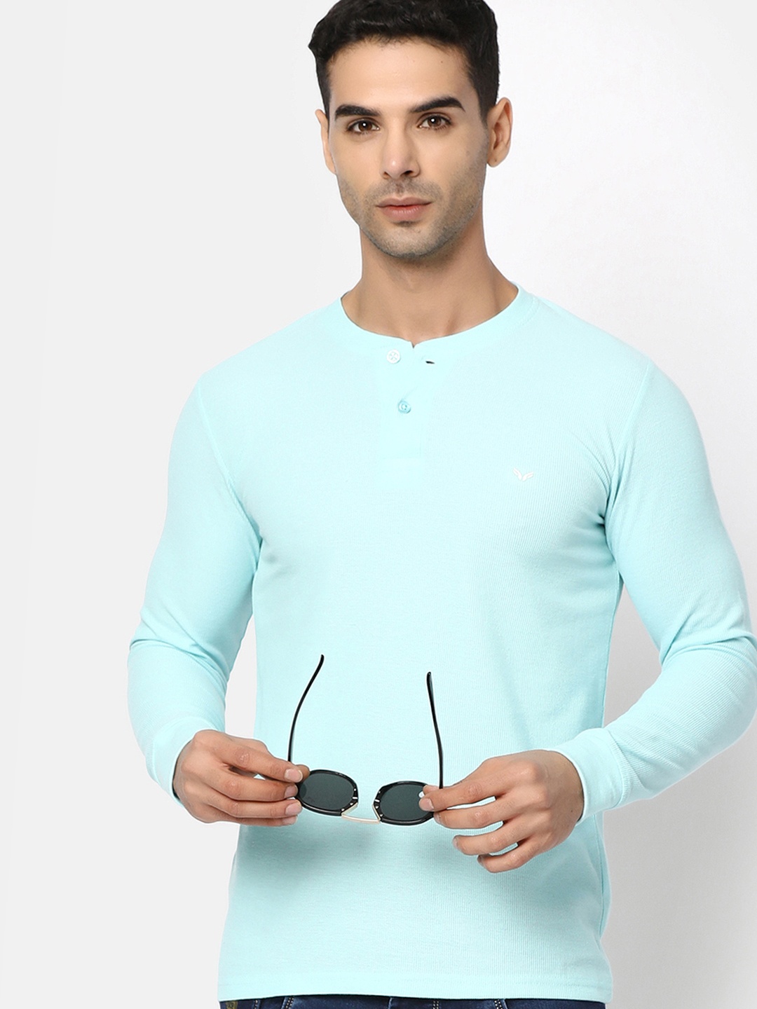 

V-Mart Henley Neck Cotton T-shirt, Sea green