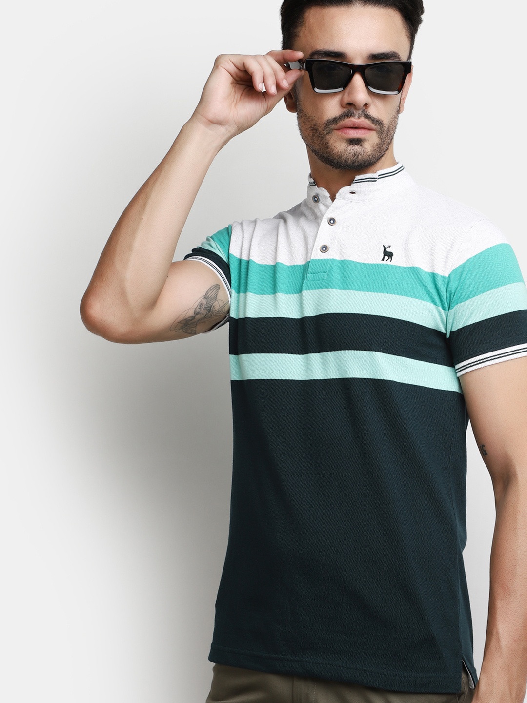 

V-Mart Striped Band Collar Cotton T-shirt, Green
