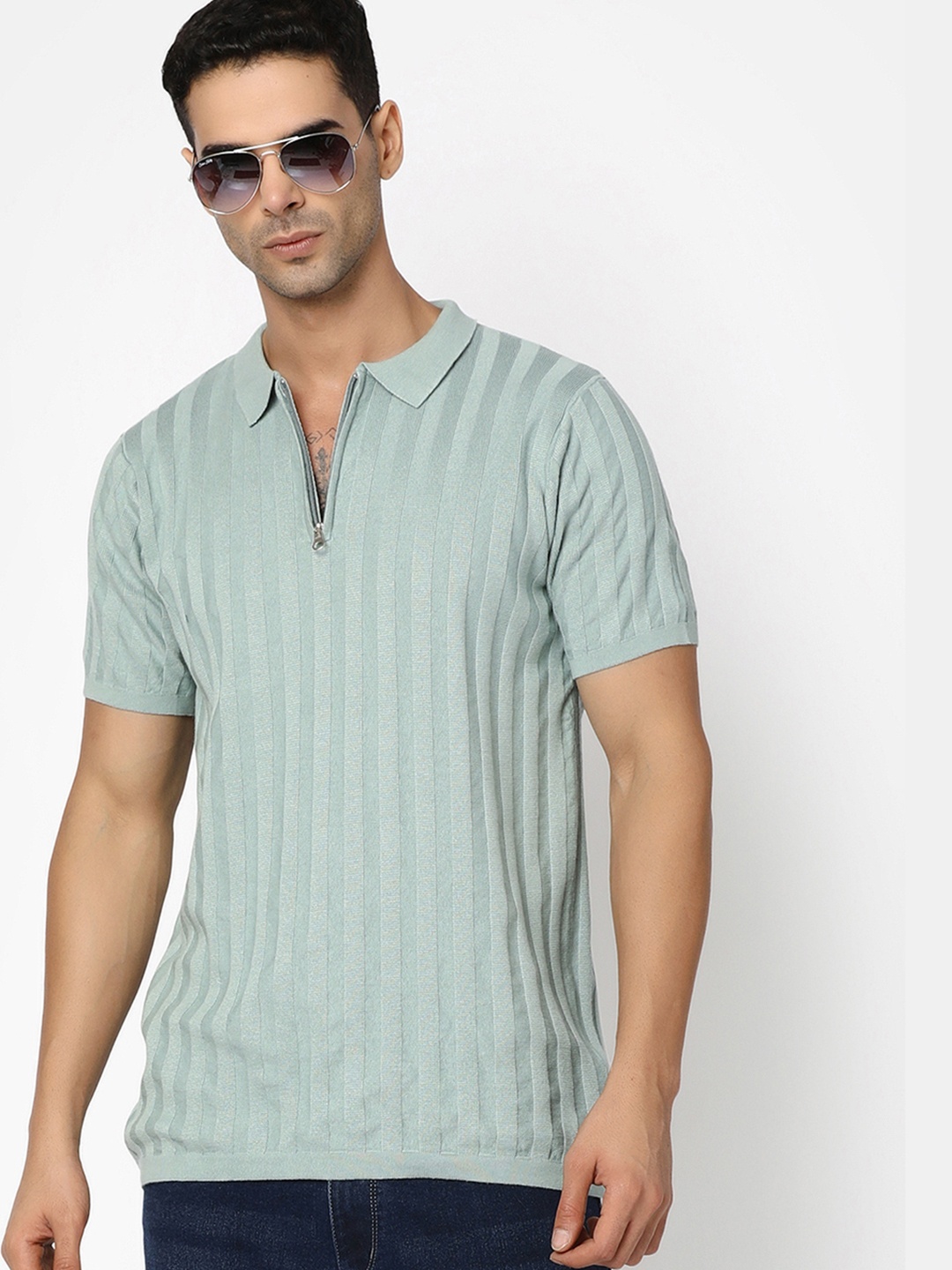 

V-Mart Men Striped Cotton Polo Collar T-shirt, Sea green