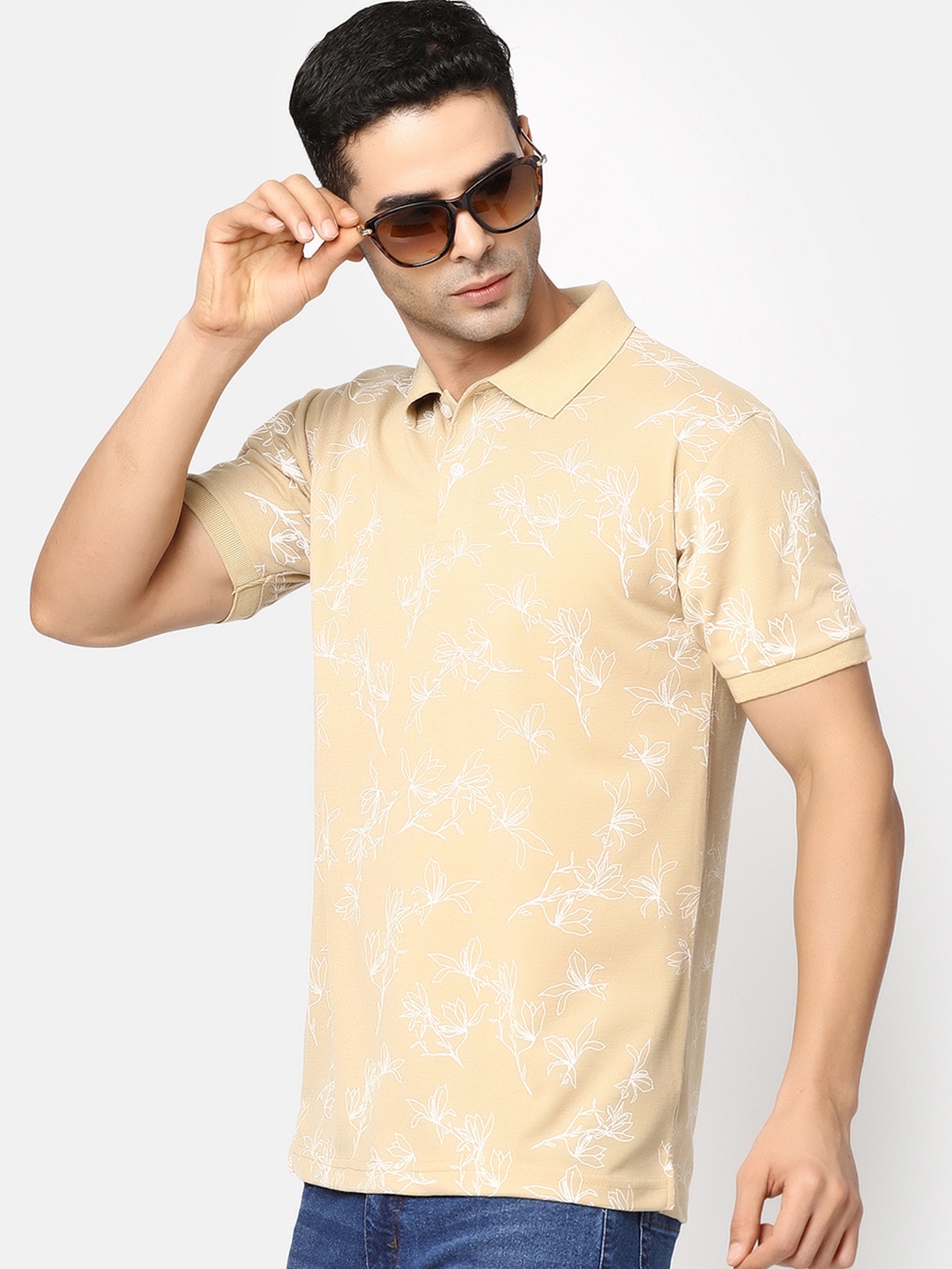 

V-Mart Floral Printed Cotton Polo Collar T-shirt, Beige
