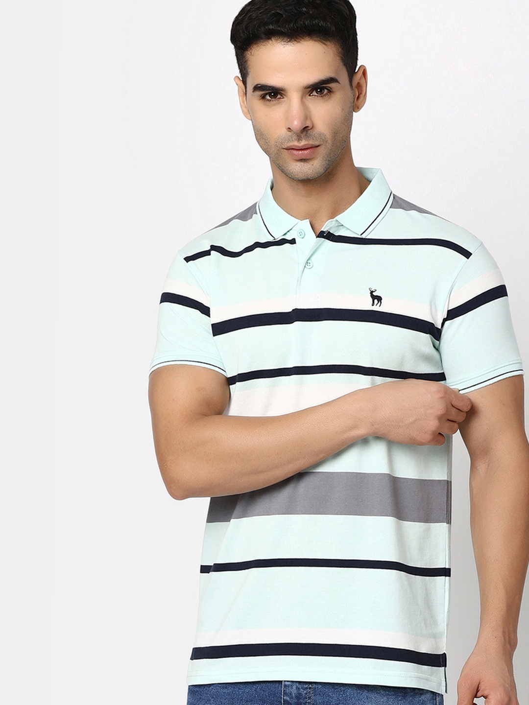 

V-Mart Striped Polo Collar Cotton T-shirt, Sea green