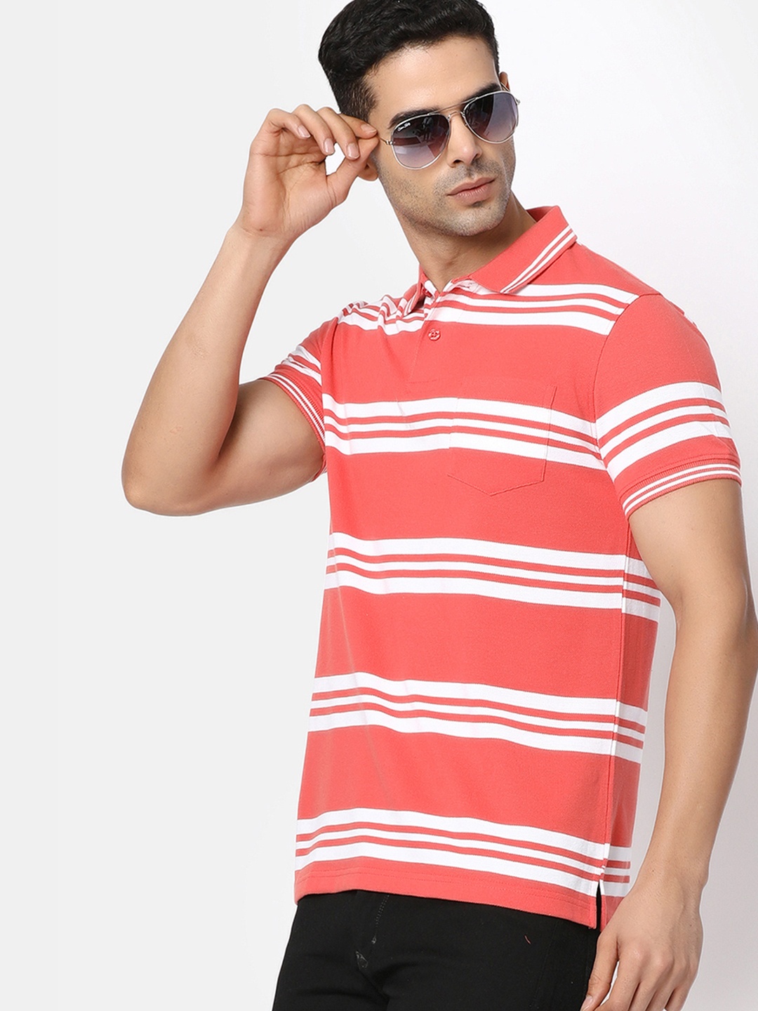 

V-Mart Striped Polo Collar Cotton T-Shirt, Coral