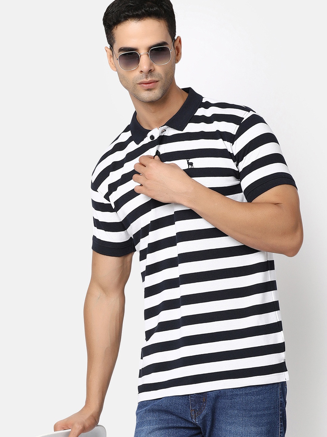 

V-Mart Striped Cotton Polo Collar T-shirt, Navy blue