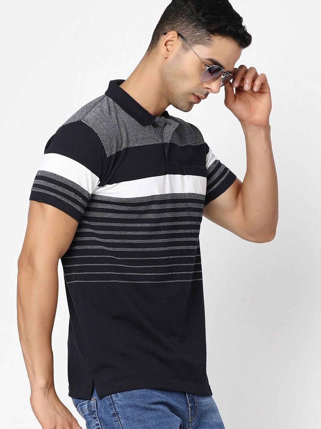 

V-Mart Striped Polo Collar Cotton T-shirt, Black