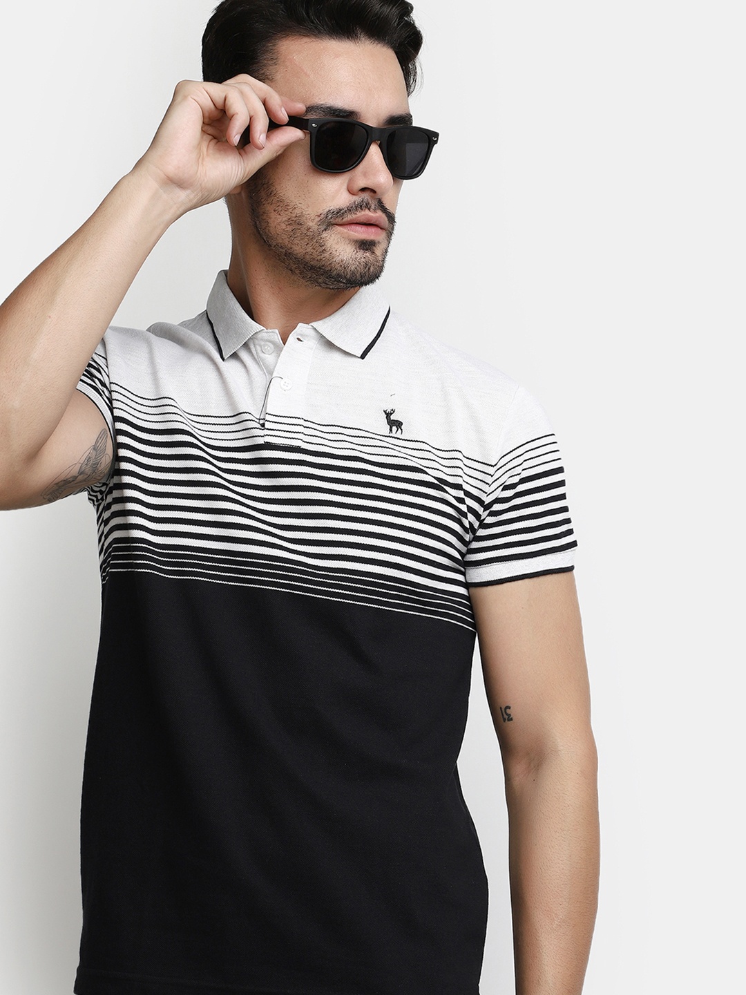 

V-Mart Striped Polo Collar Cotton T-Shirt, Black