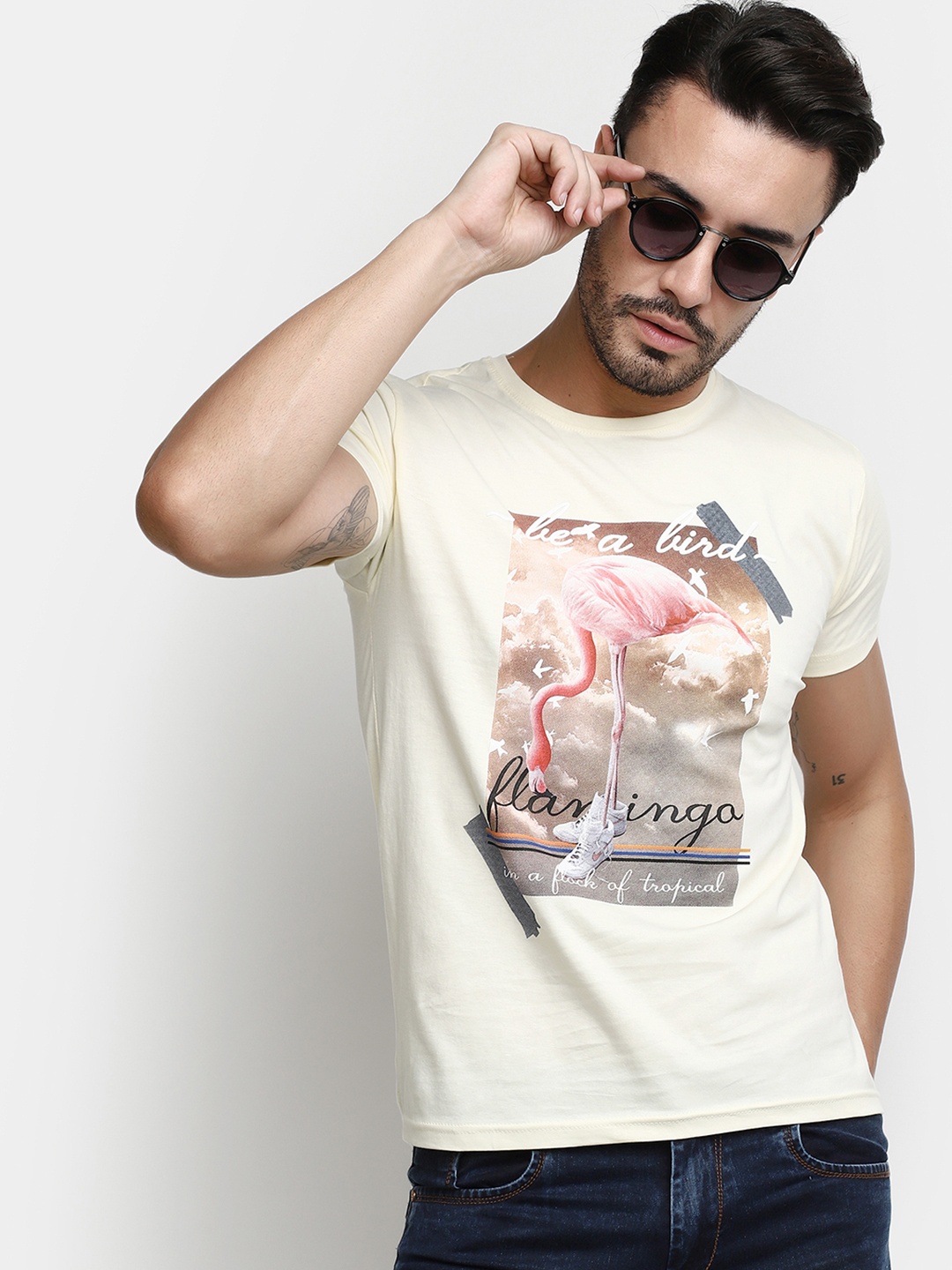 

V-Mart Graphic Printed Cotton Slim Fit T-shirt, Beige