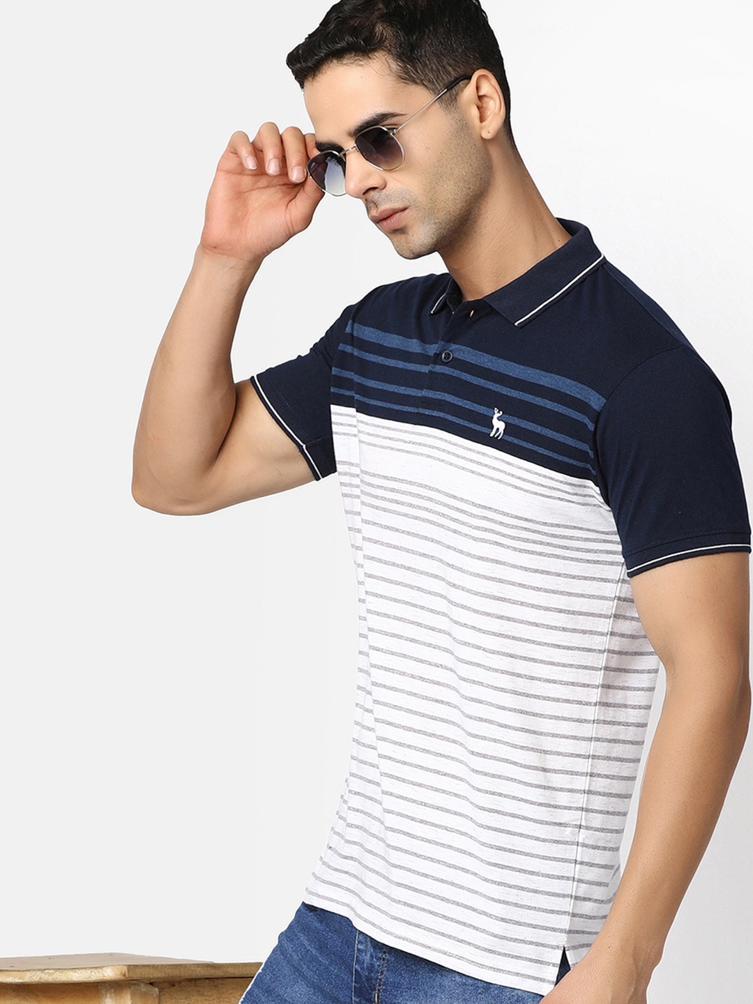 

V-Mart Striped Cotton Polo Collar T-shirt, Navy blue