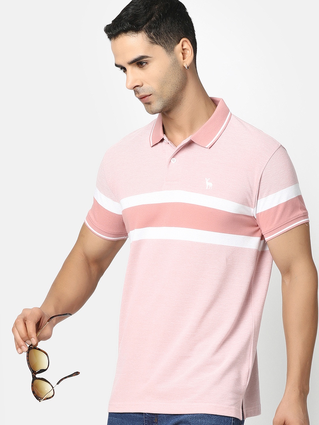 

V-Mart Men Striped Polo Collar T-shirt, Pink