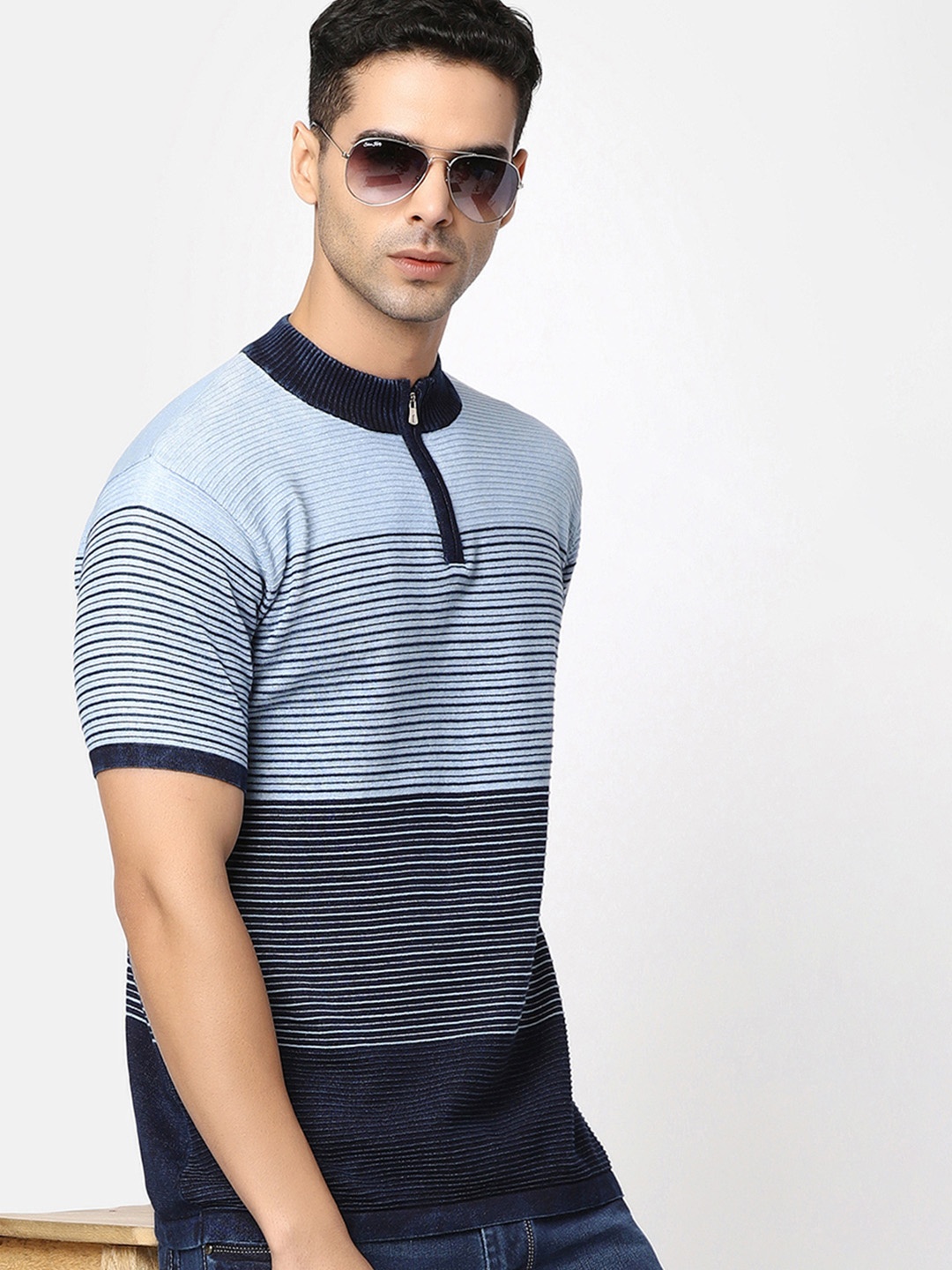 

V-Mart Striped Henley Neck Cotton T-shirt, Blue