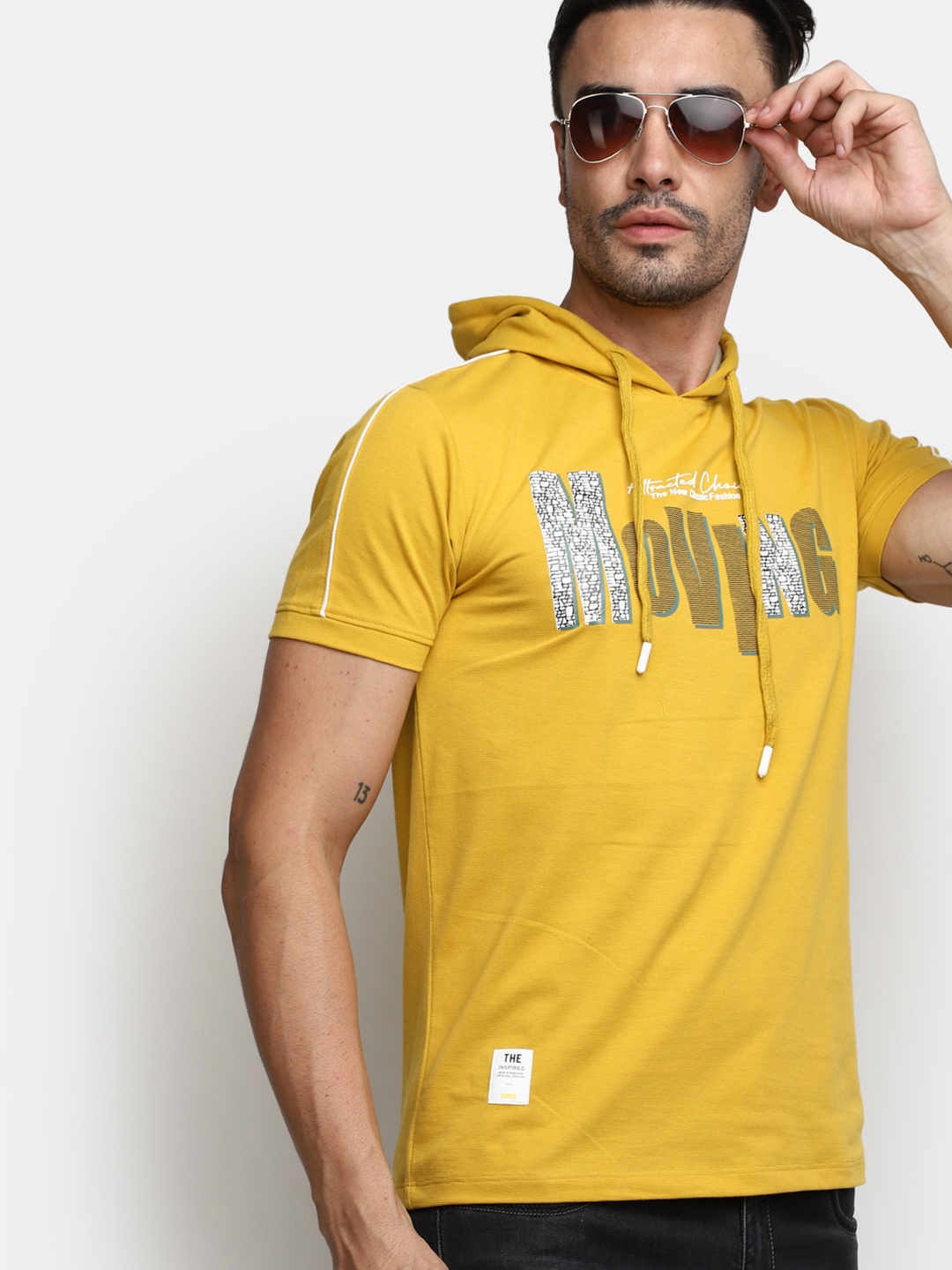 

V-Mart Typography Printed Hooded Cotton T-shirt, Mustard