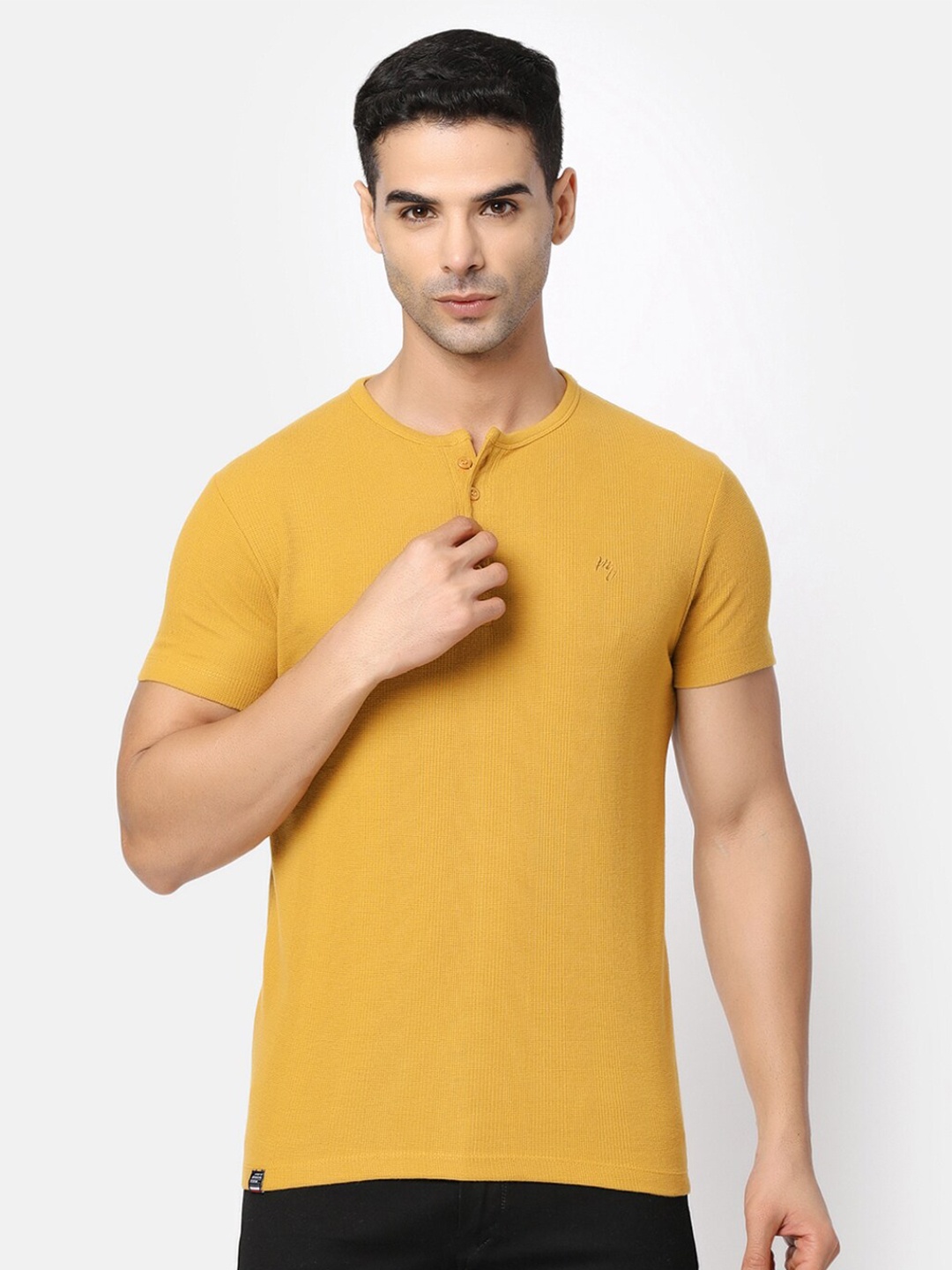 

V-Mart Henley Neck Cotton T-shirt, Mustard