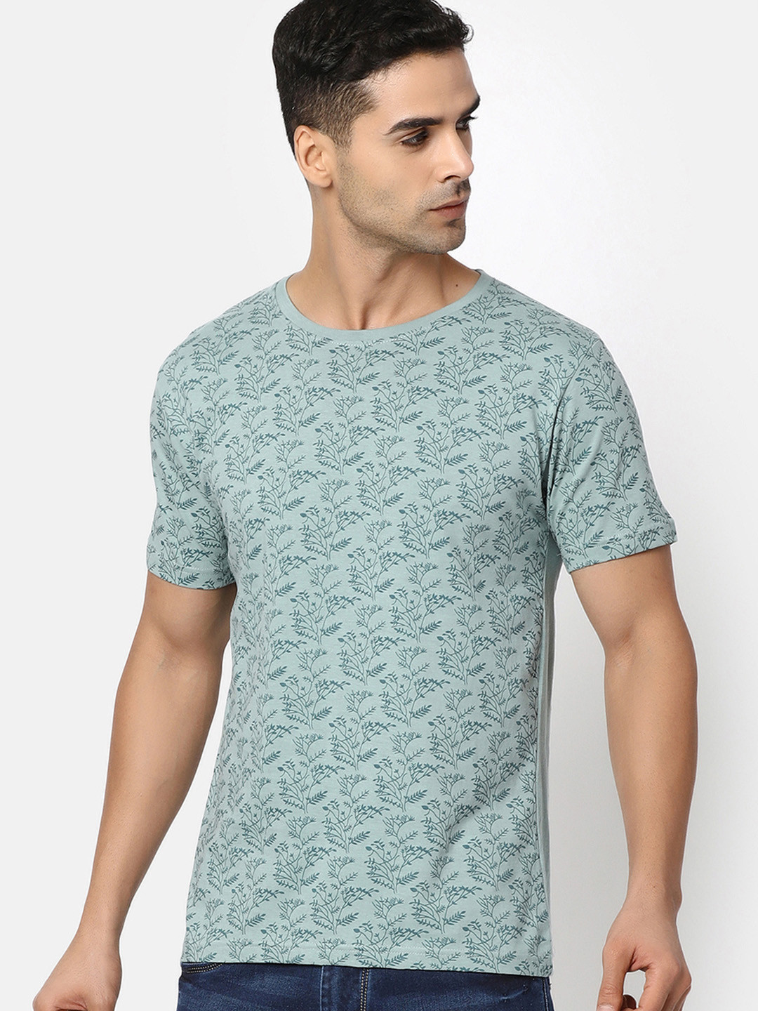 

V-Mart Floral Printed Cotton Slim Fit T-shirt, Green