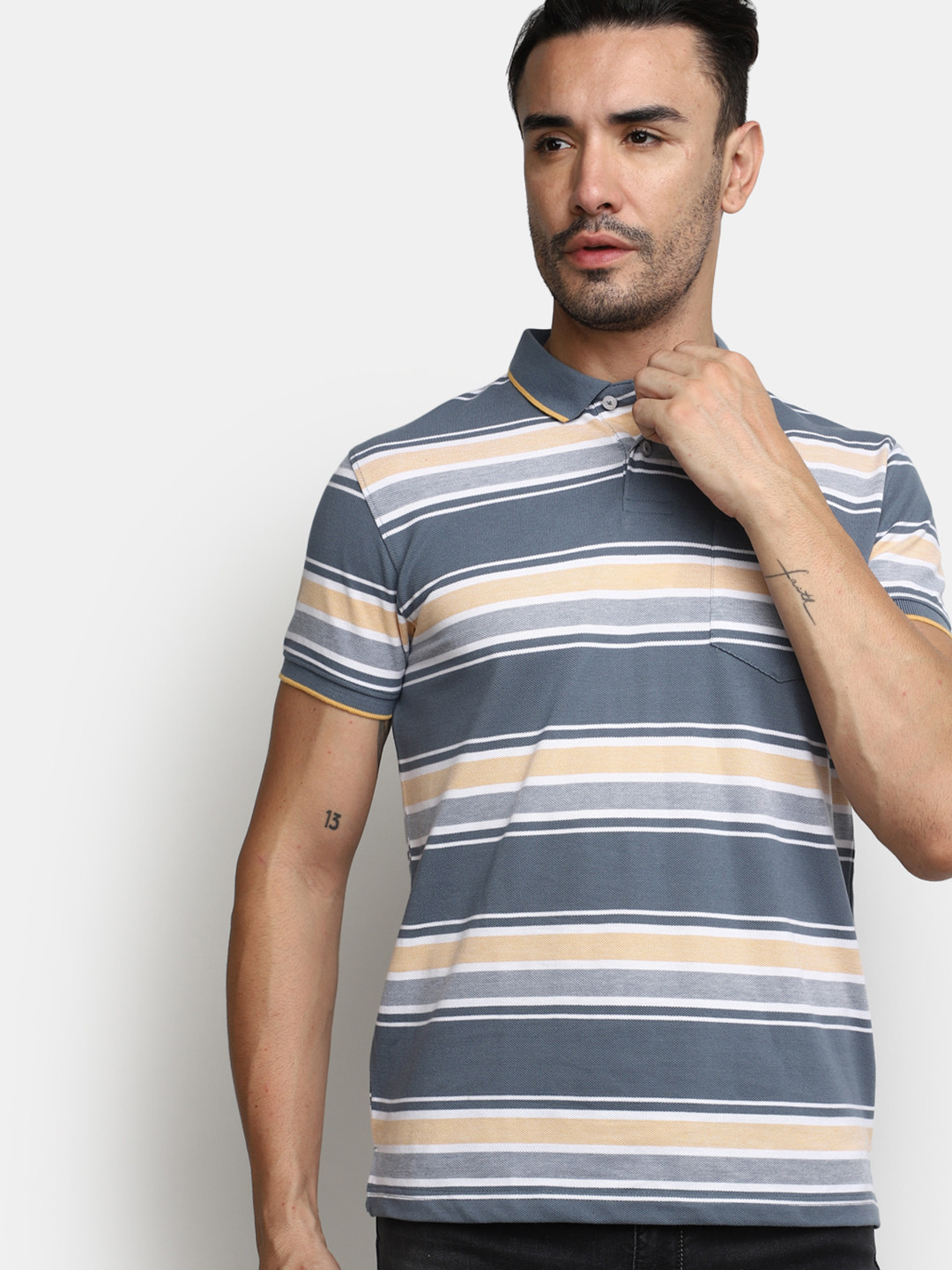 

V-Mart Striped Polo Collar Cotton T-Shirt, Grey